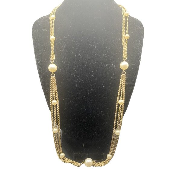 Retro Signed Emmons  Necklace Multi Chain Gold Tone Faux Pearl 30"+7" Extender - Picture 1 of 5